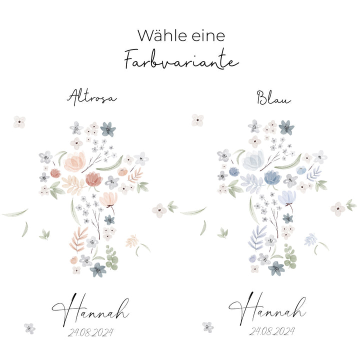 Taufkerze Blumen Kreuz Hannah in Altrosa und Blau