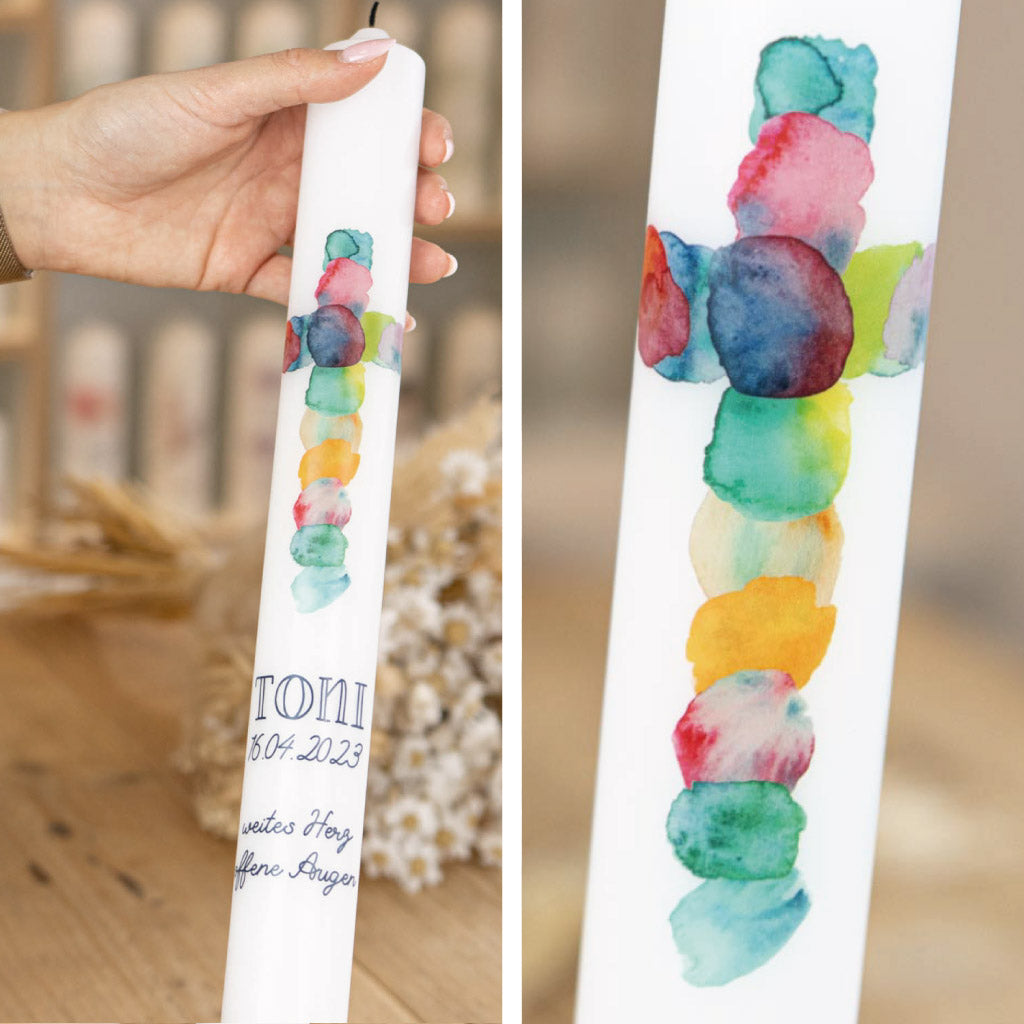 Kommunionkerze Regenbogenkreuz Toni