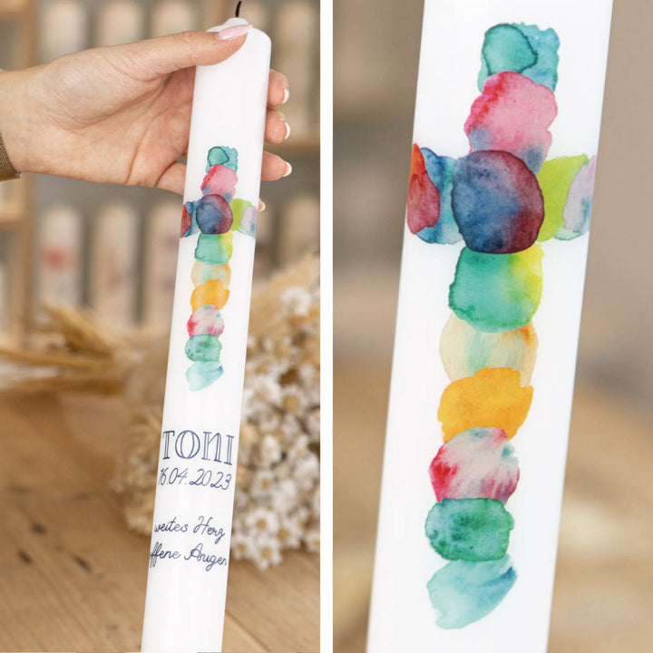 Kommunionkerze Regenbogenkreuz Toni