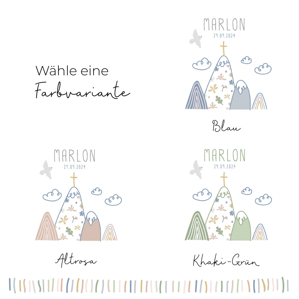 Farbvarianten der Taufkerze Berge Marlon: Blau, Altrosa und Khaki-Grün