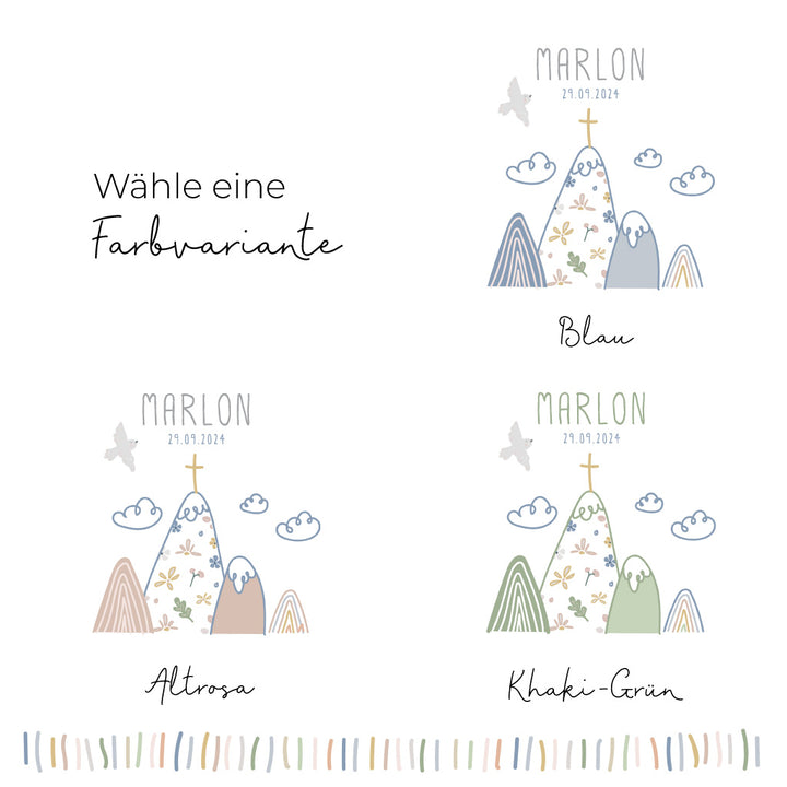 Farbvarianten der Taufkerze Berge Marlon: Blau, Altrosa und Khaki-Grün