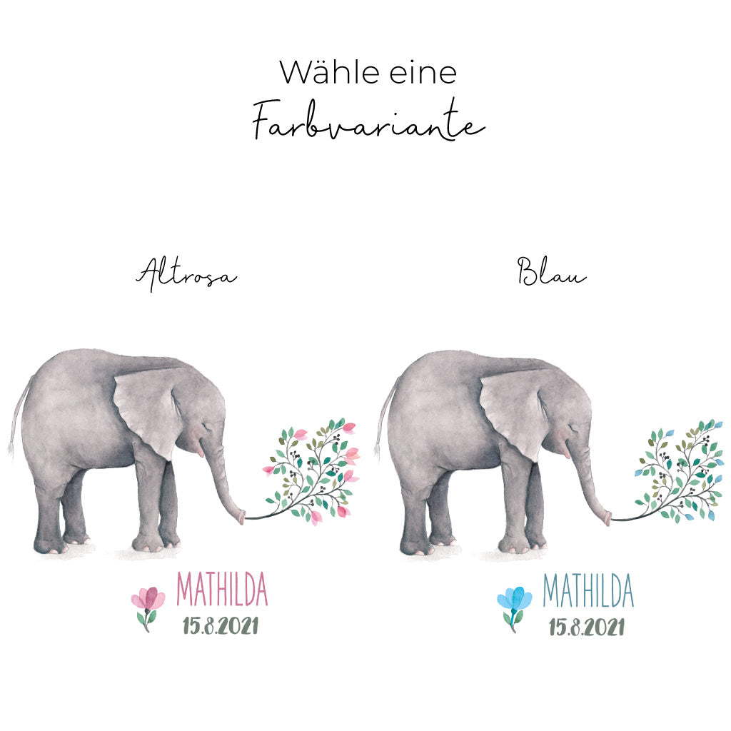 Taufkerze Elefant Blumen in Altrosa und Blau im Vergleich