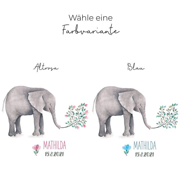 Taufkerze Elefant Blumen in Altrosa und Blau im Vergleich