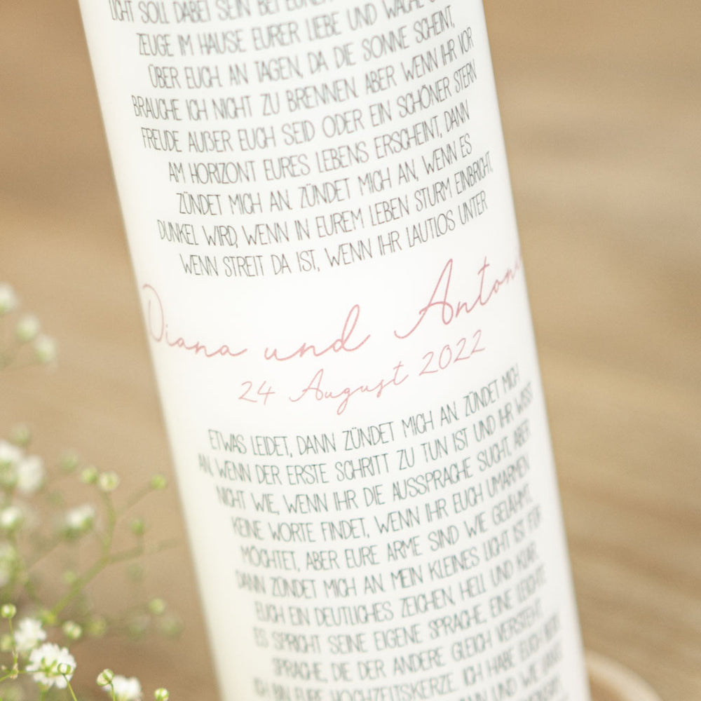 Sprechende Hochzeitskerze mit Namen Diana und Anton in Altrosa