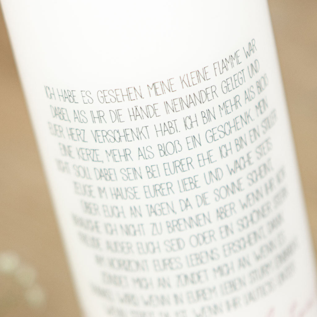 Sprechende Hochzeitskerze Detail des Textes in Grau