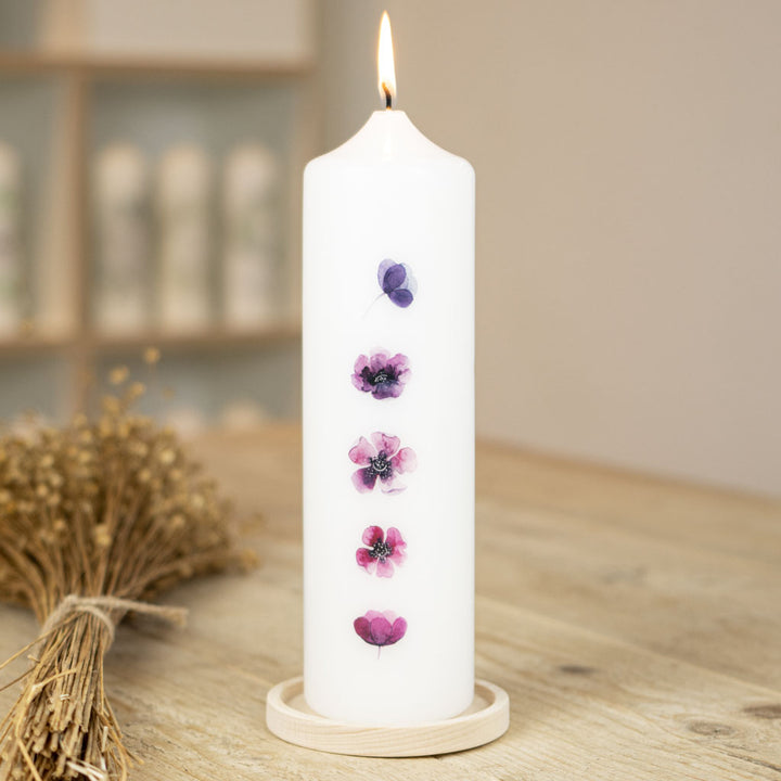 Hochzeitskerze Blätter Aquarell Rückseite mit lila Blüten