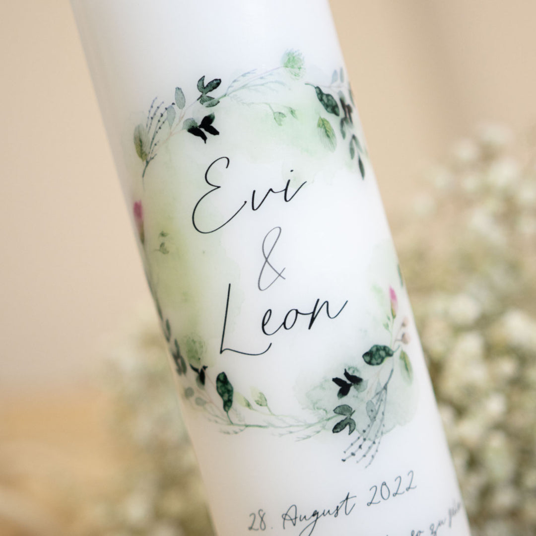 Hochzeitskerze Blätterkranz mit kleinen rosa Blüten