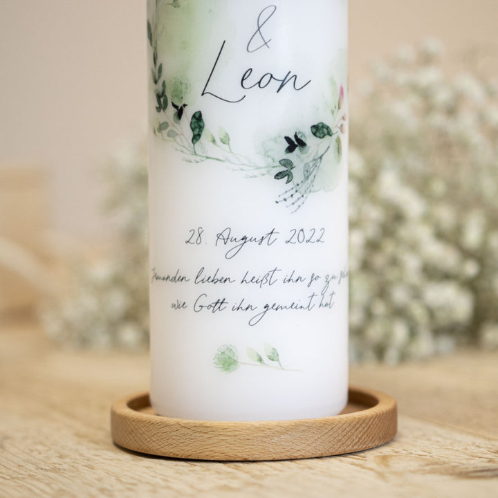 Hochzeitskerze Blätterkranz mit frei wählbarem Trauspruch