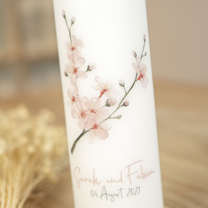 Hochzeitskerze Kirschblüte Blütenzweig Detail