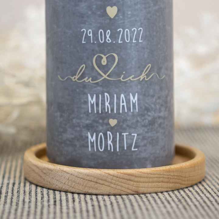 Hochzeitskerze Du und ich mit Herz aus Herzen und Schriftzug in Gold
