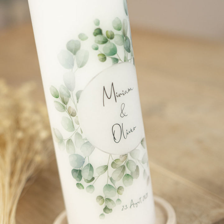 Hochzeitskerze Eukalyptus modern mit rundem Eukalyptuskranz