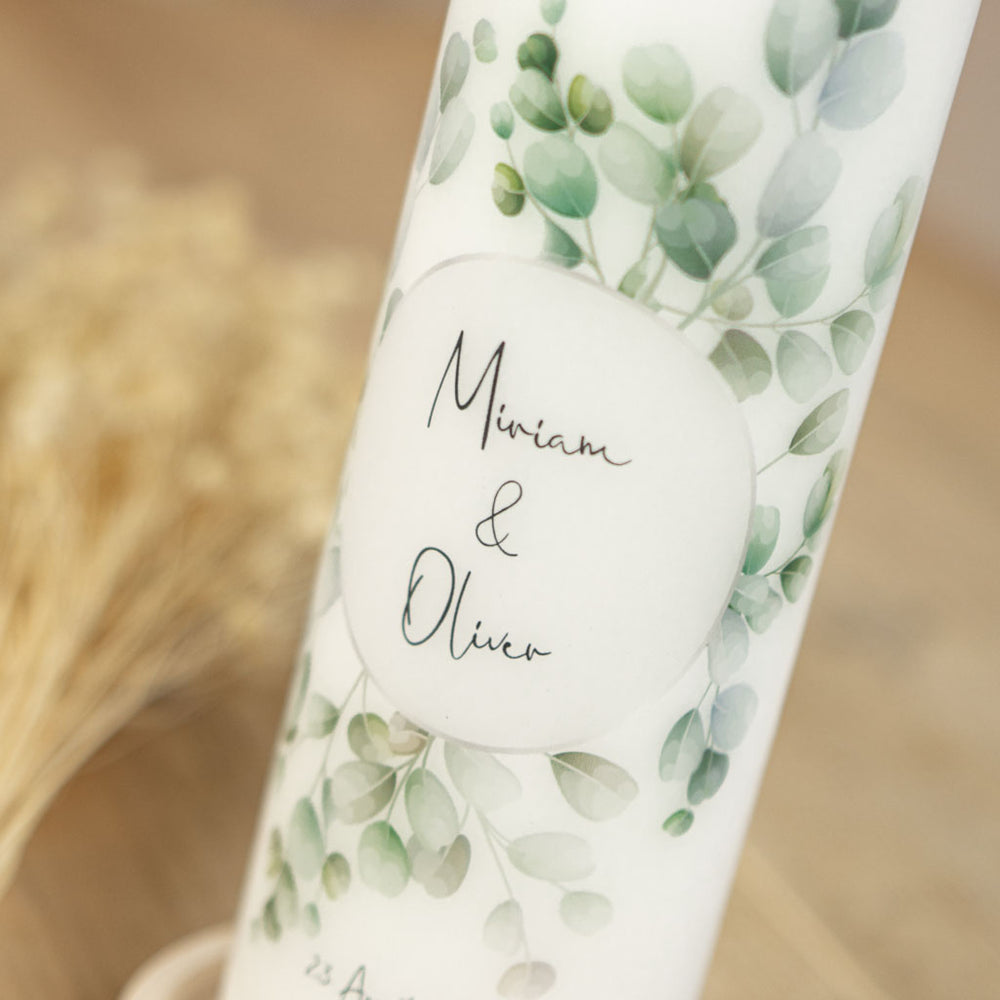Hochzeitskerze Eukalyptus modern als Traukerze mit Namen und Datum