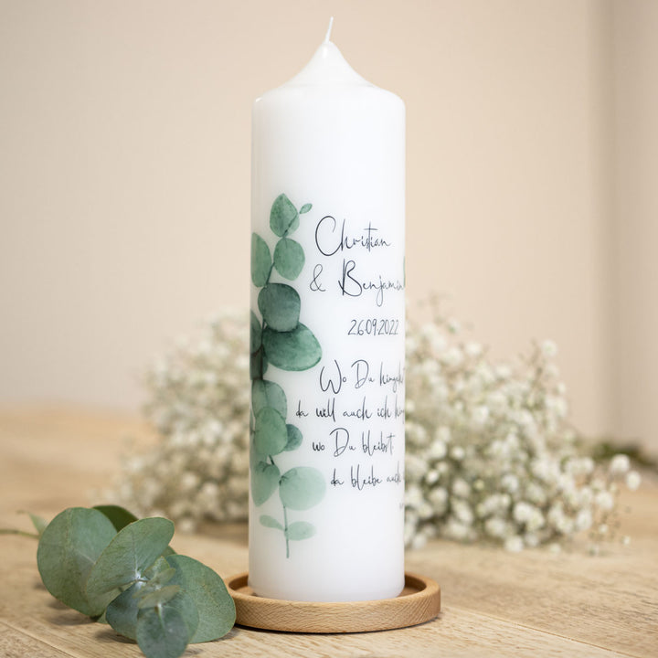 Hochzeitskerze Eukalyptus Ranke mit Namen und Datum