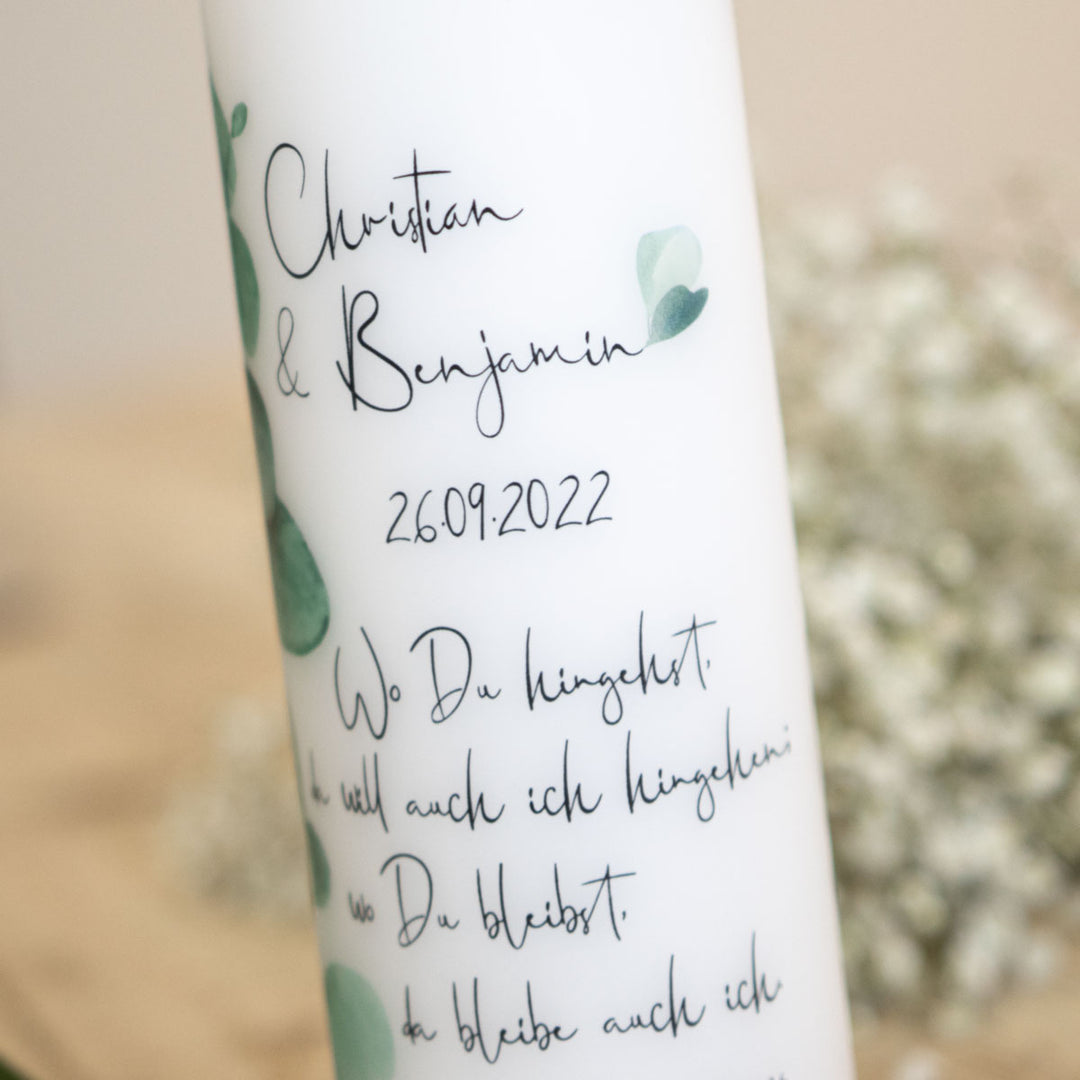 Hochzeitskerze Eukalyptus Ranke Detail mit Namen