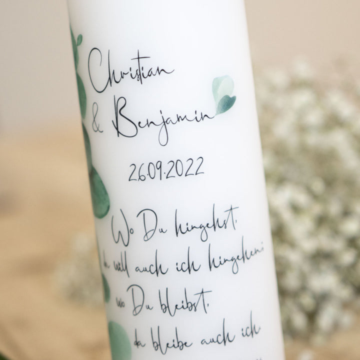 Hochzeitskerze Eukalyptus Ranke Detail mit Namen