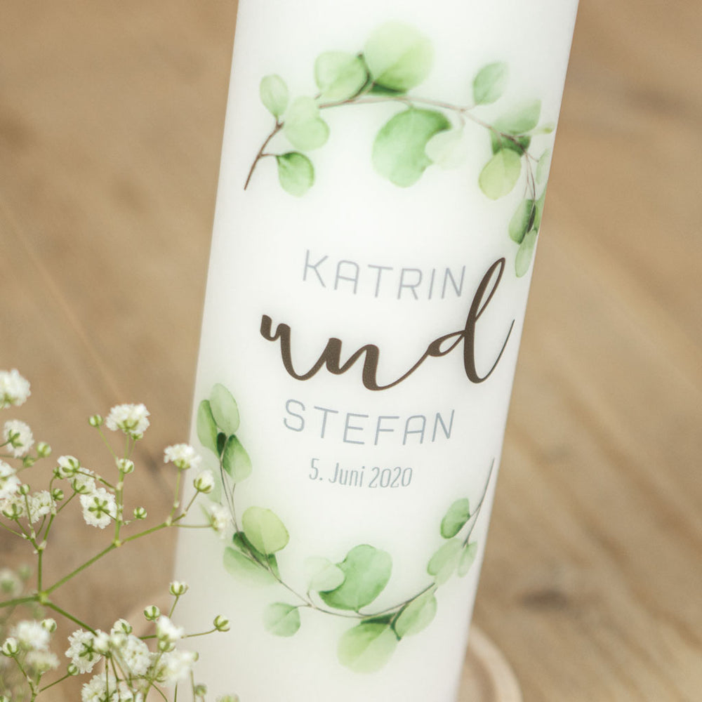Hochzeitskerze Eukalyptus Kranz Namen und Datum