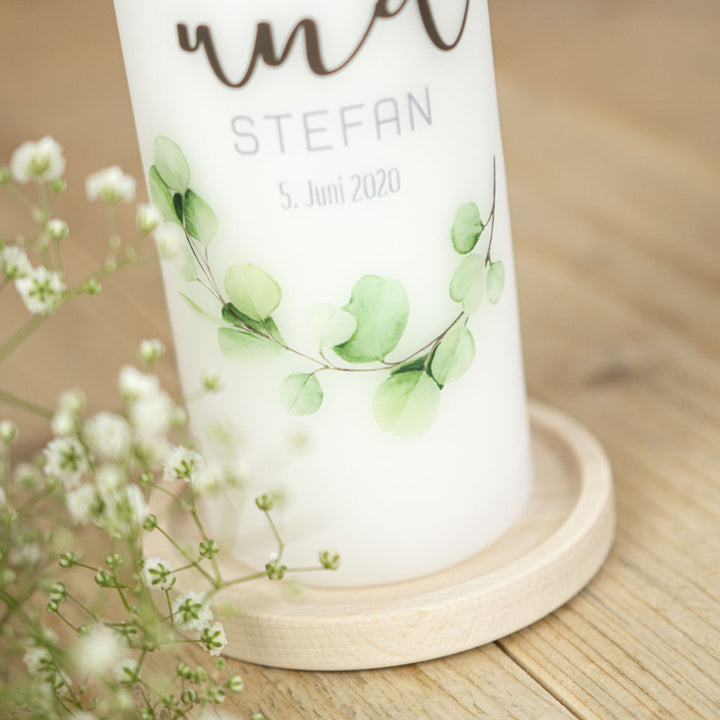 Hochzeitskerze Eukalyptus Kranz grüner Blätterkranz Detail