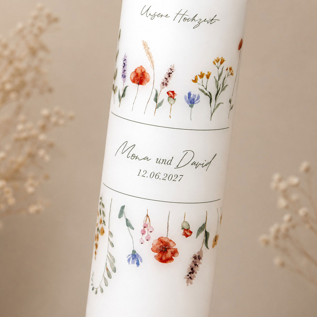 Hochzeitskerze Floral mit Mohnblumen, Lavendel und Gräsern