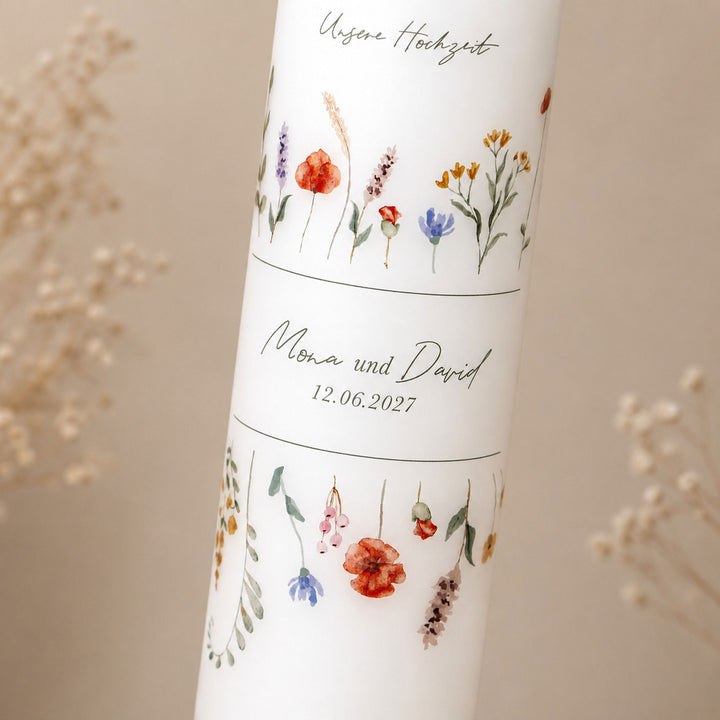 Hochzeitskerze Floral mit Mohnblumen, Lavendel und Gräsern