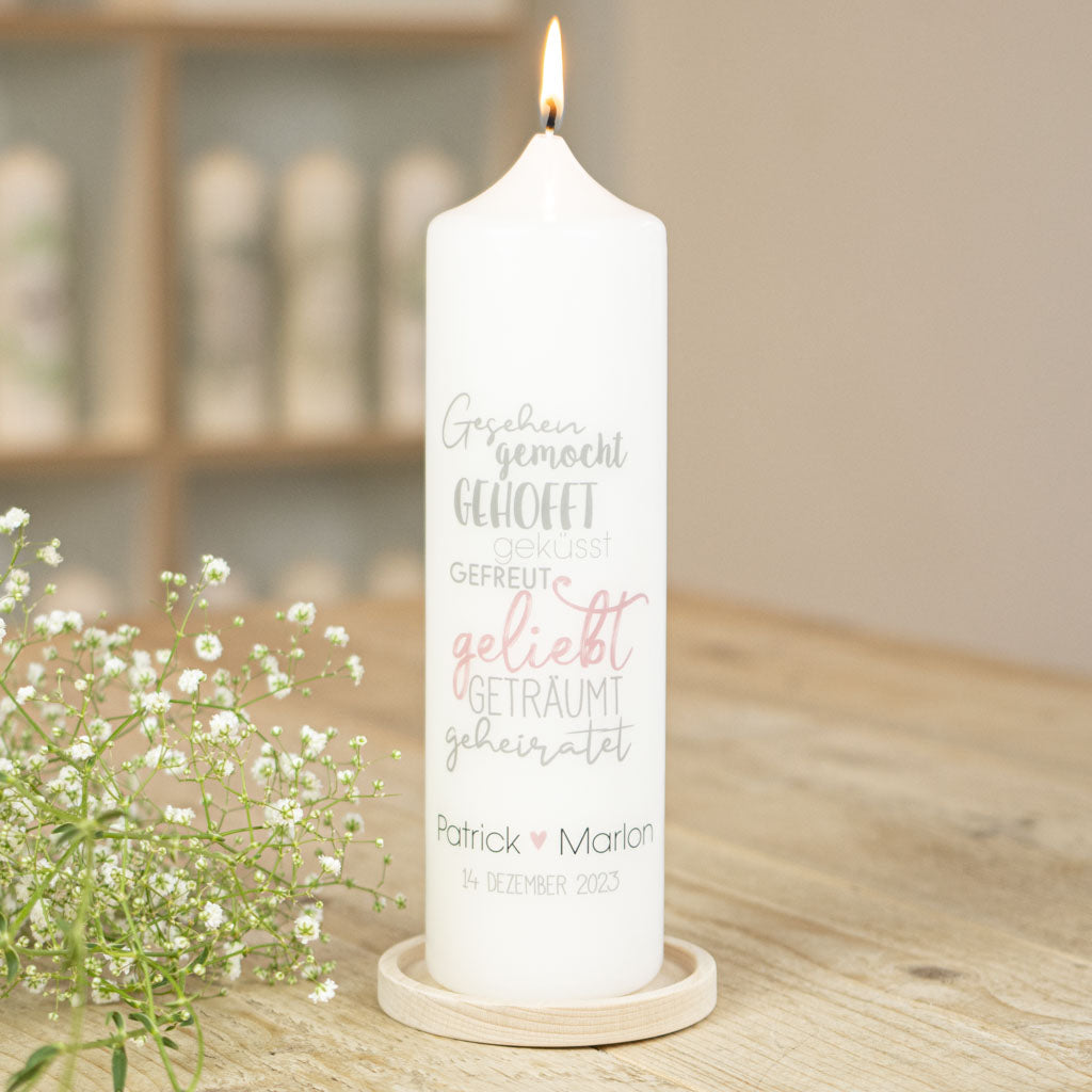 Hochzeitskerze gesehen gemocht gehofft geküsst mit Namen