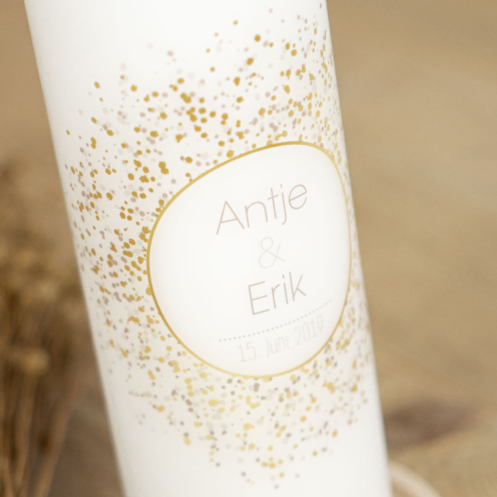 Hochzeitskerze Gold Konfetti mit goldenen Sprenkeln, Namen und Datum