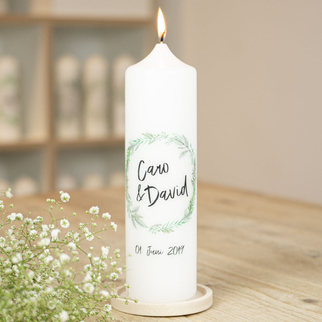 Hochzeitskerze Greenery mit Blätterkranz aus frischem Grün