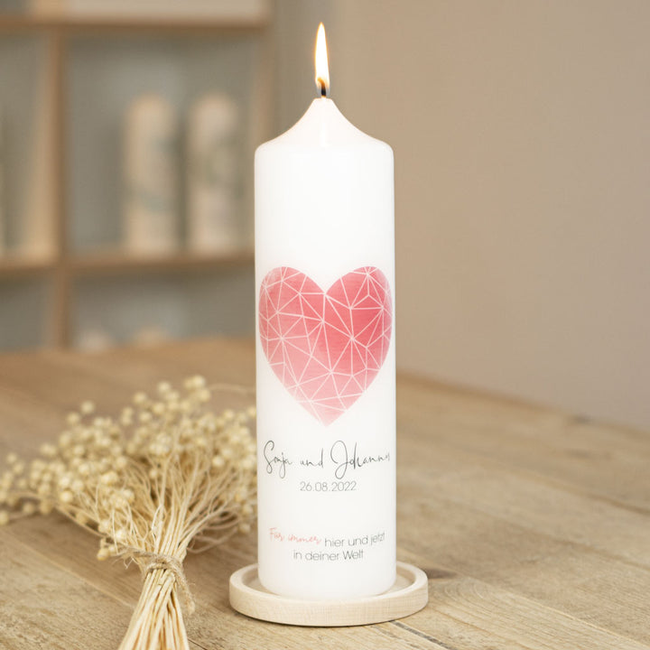 Hochzeitskerze geometrisches Herz in Rosé mit Namen und Datum