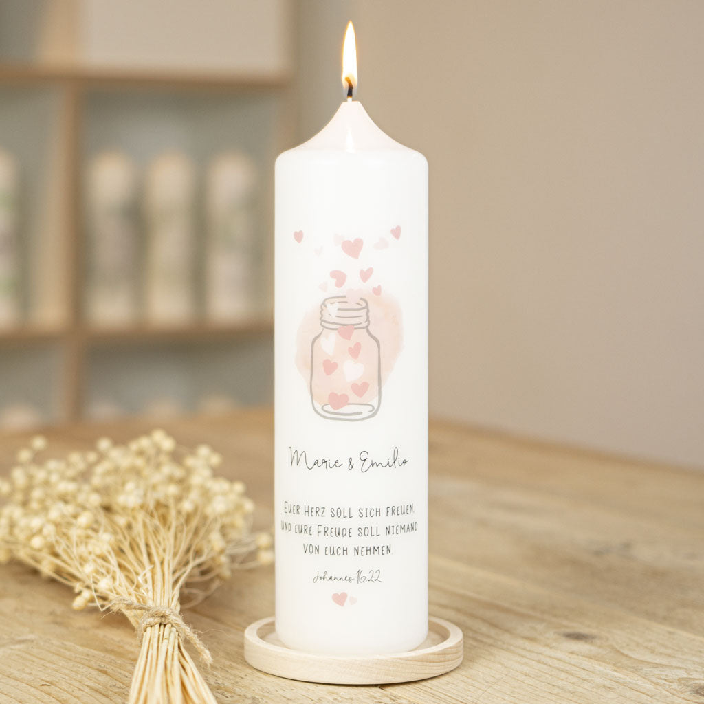 Hochzeitskerze Herzglas mit rosa Herzen im Glas und Namen