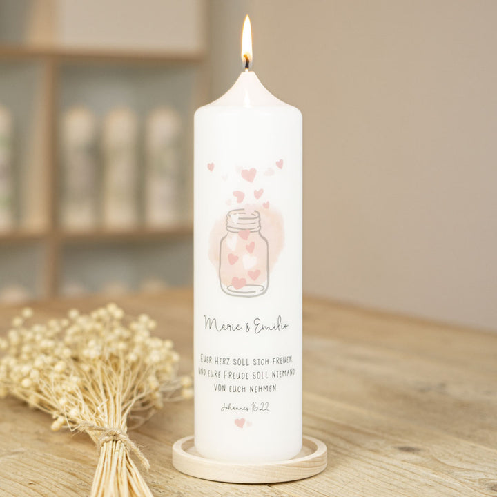 Hochzeitskerze Herzglas mit rosa Herzen im Glas und Namen