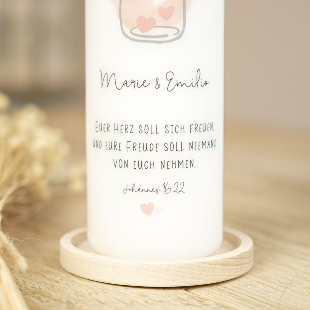 Hochzeitskerze Herzglas mit frei wählbarem Trauspruch