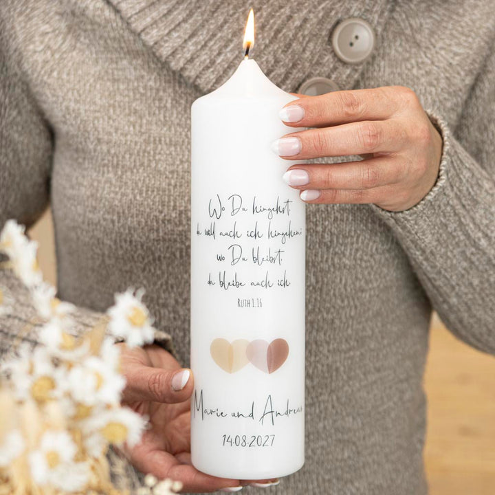 Hochzeitskerze Herzen modern mit zwei überlappenden Herzen