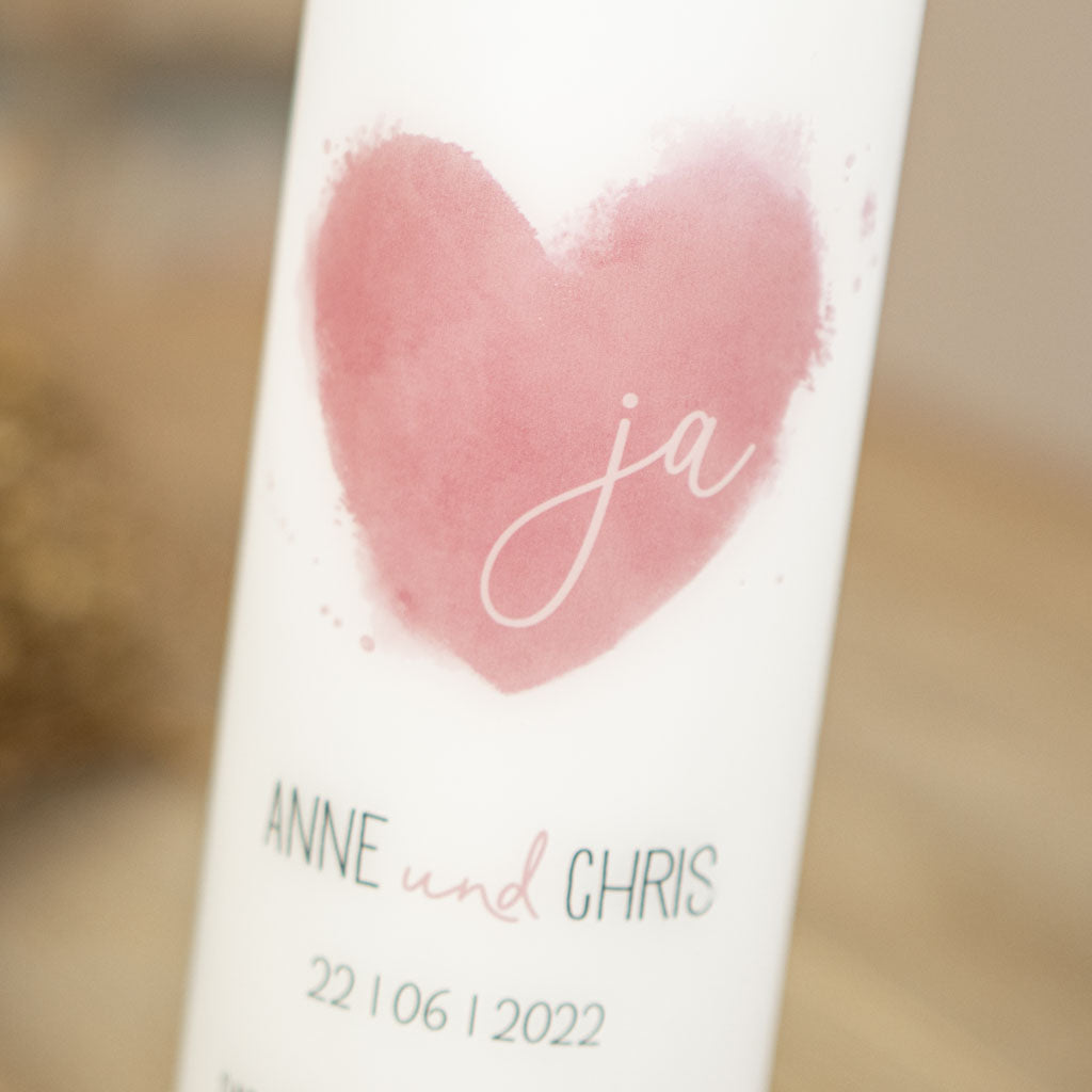 Hochzeitskerze JA mit Herz und Namen in Rosa