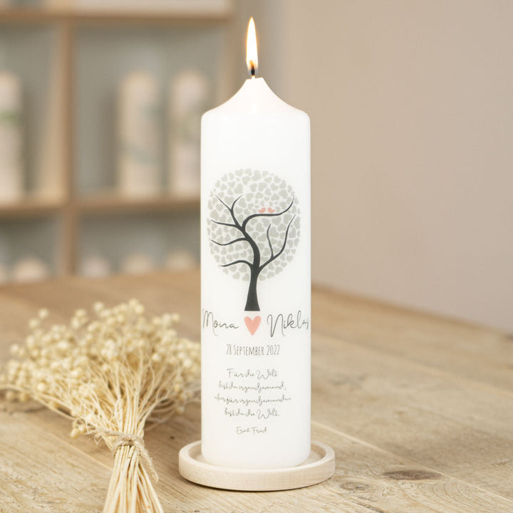 Hochzeitskerze Lebensbaum als Herzbaum mit zwei Vögeln und Namen