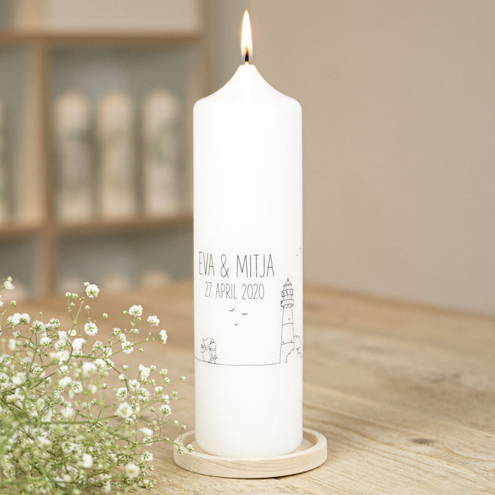 Hochzeitskerze Leuchtturm mit maritimem Motiv und Namen