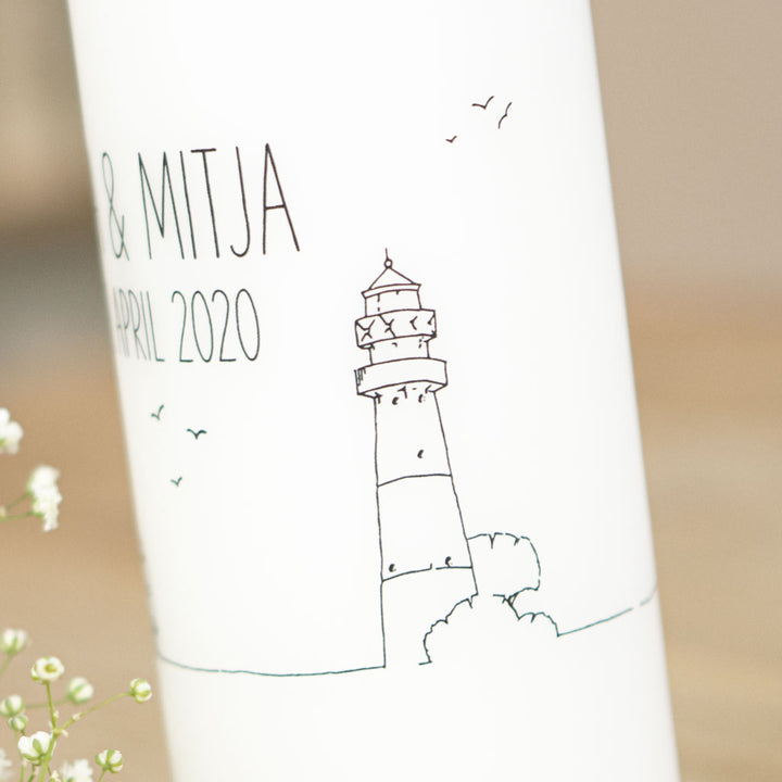 Maritime Hochzeitskerze mit Leuchtturm und Möwen