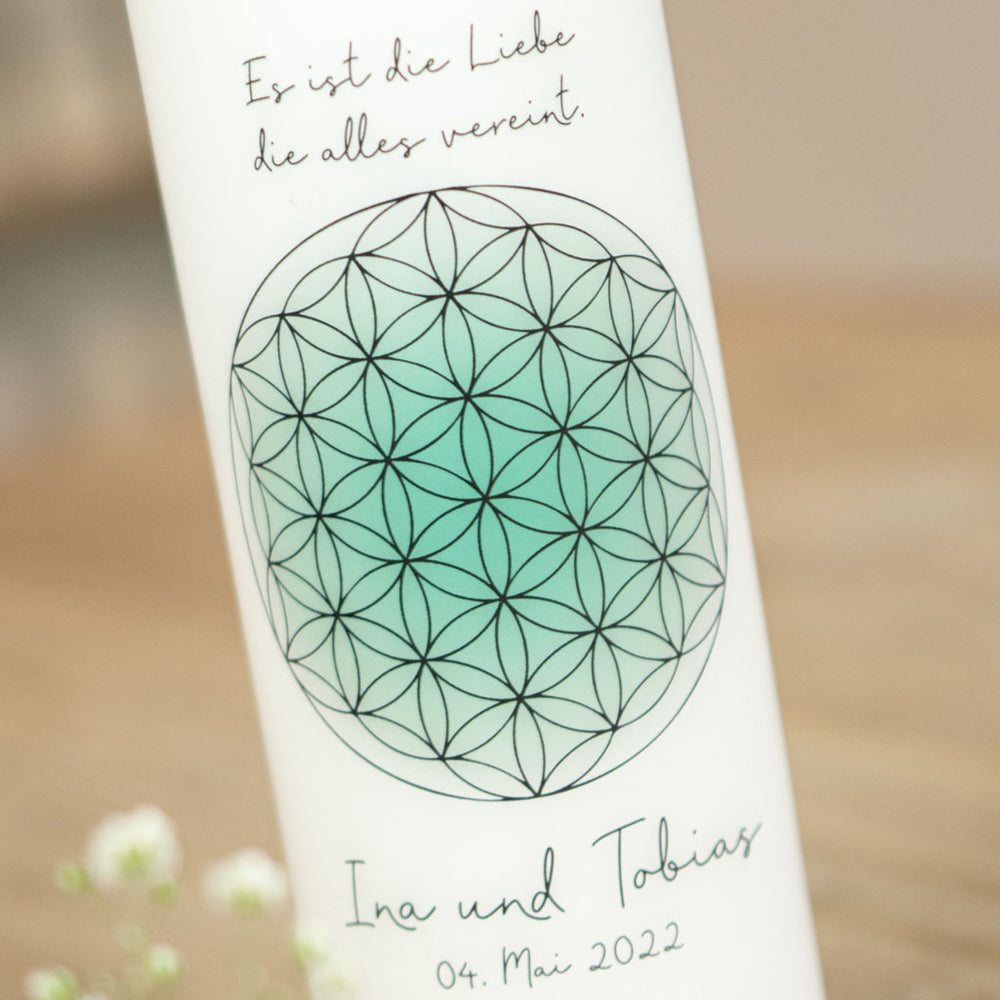 Hochzeitskerze Blume des Lebens geometrisches Symbol Detailansicht