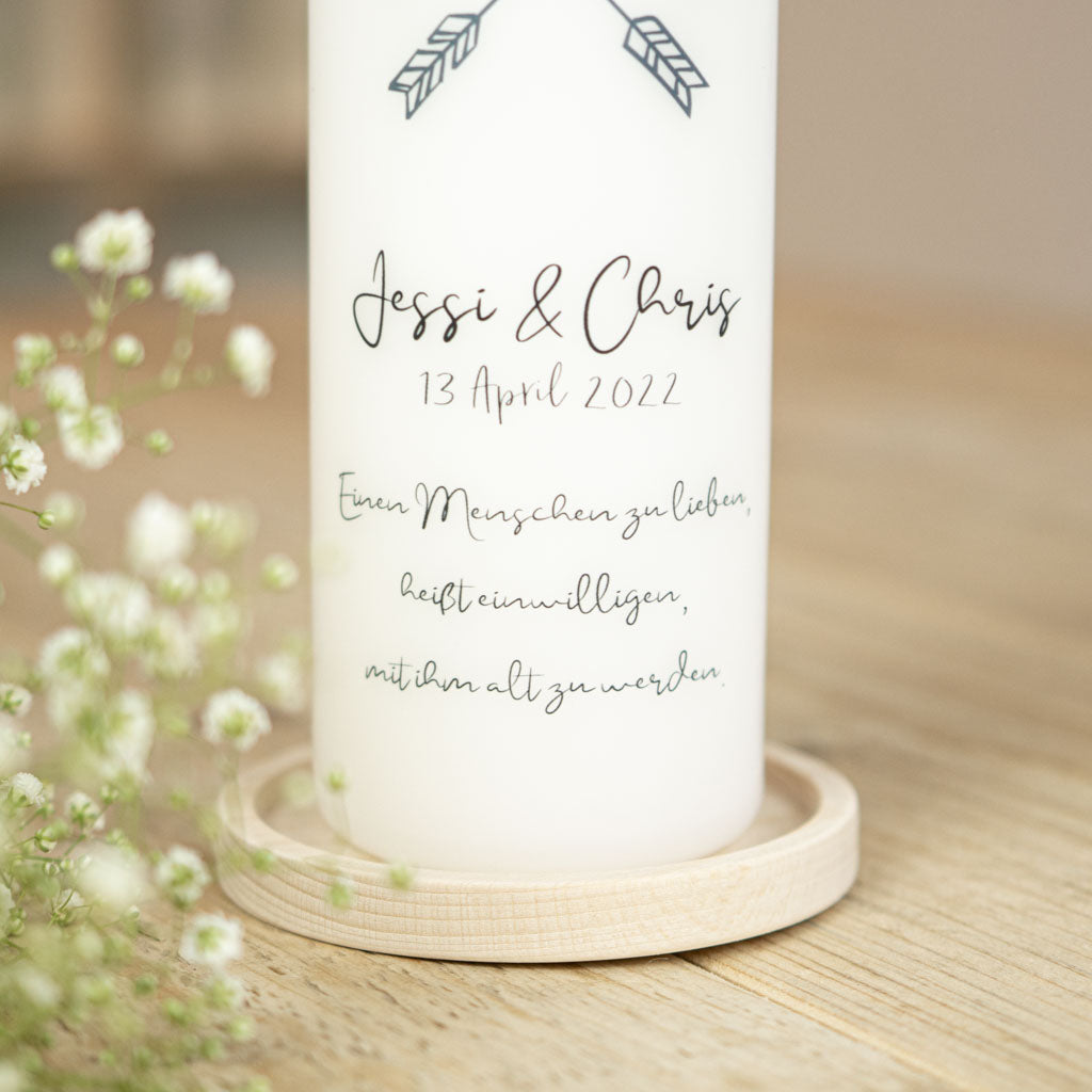 Hochzeitskerze Pfeile mit frei wählbarem Trauspruch