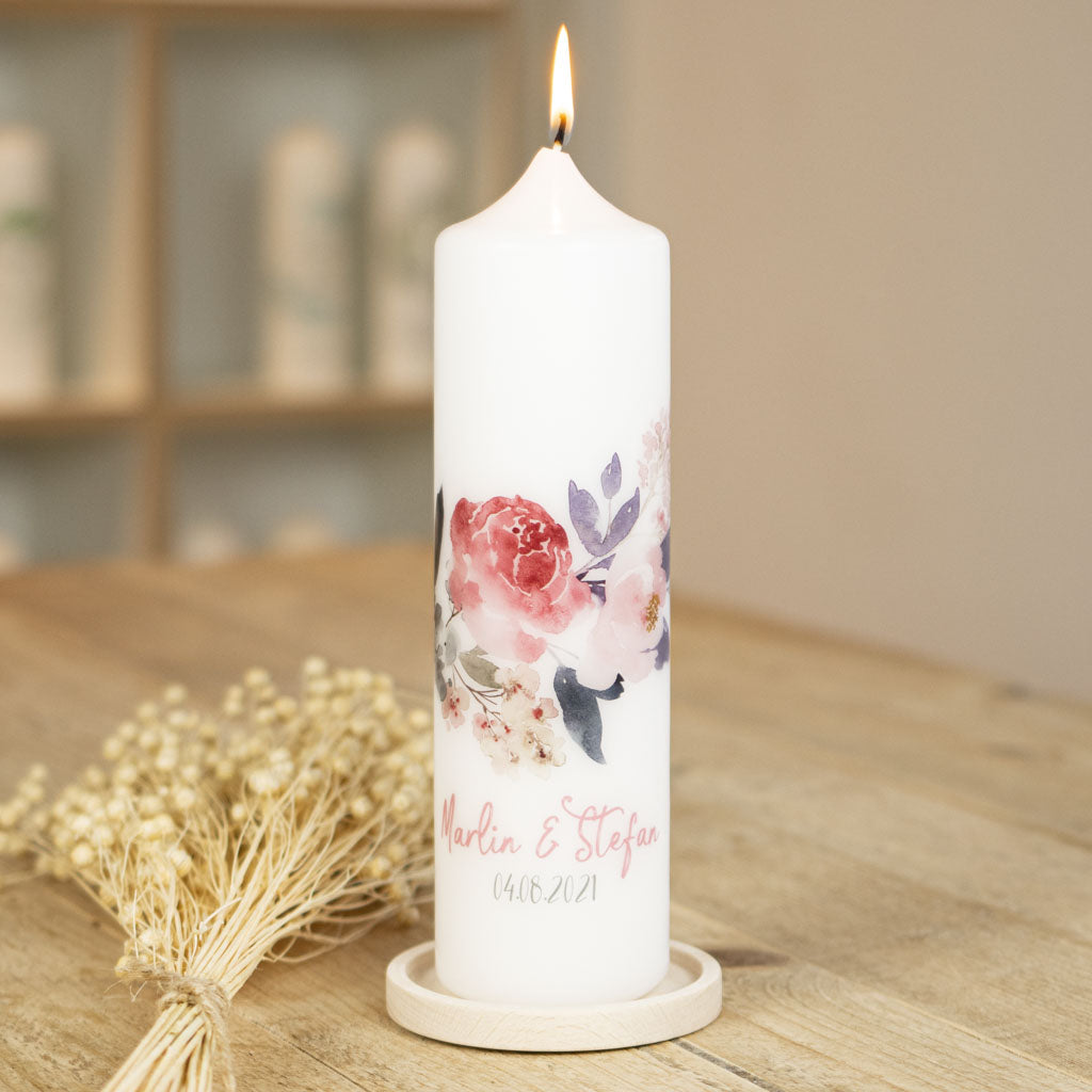 Hochzeitskerze Pfingstrose im Aquarell-Stil mit Namen und Datum