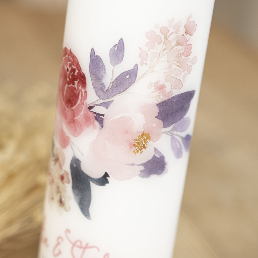 Hochzeitskerze Pfingstrose als Traukerze mit Aquarell-Blüten
