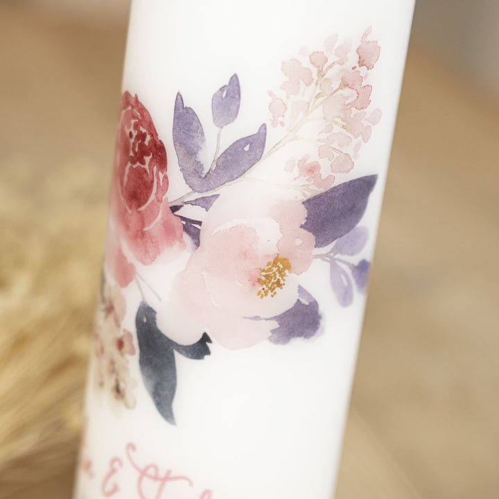 Hochzeitskerze Pfingstrose als Traukerze mit Aquarell-Blüten