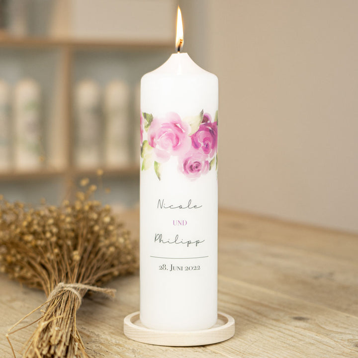 Hochzeitskerze Rosegold mit Aquarell-Rosen und Namen