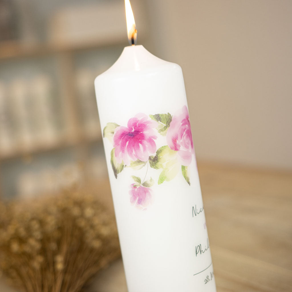 Hochzeitskerze Rosegold Rosen in Rosé und Pink