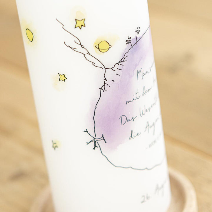 Hochzeitskerze Planet mit Sternen und Mond über dem Aquarell-Planeten