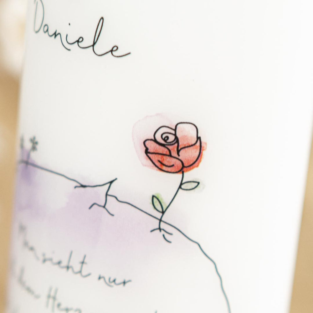 Hochzeitskerze Planet mit roter Rose auf violettem Planeten