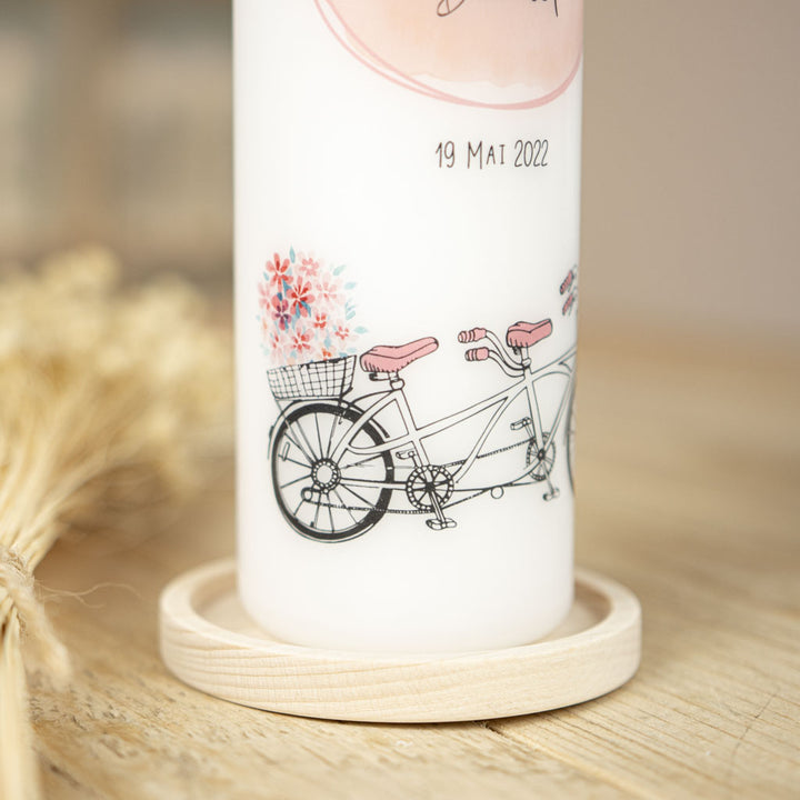 Hochzeitskerze Tandem Namen im Aquarellkreis mit Vogel