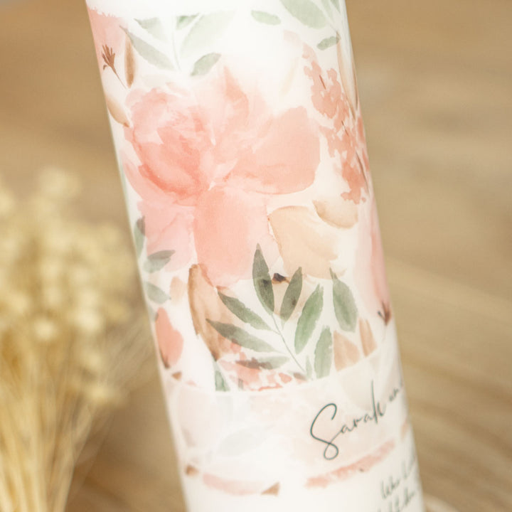 Hochzeitskerze Vintage mit Pfingstrosen und Blüten
