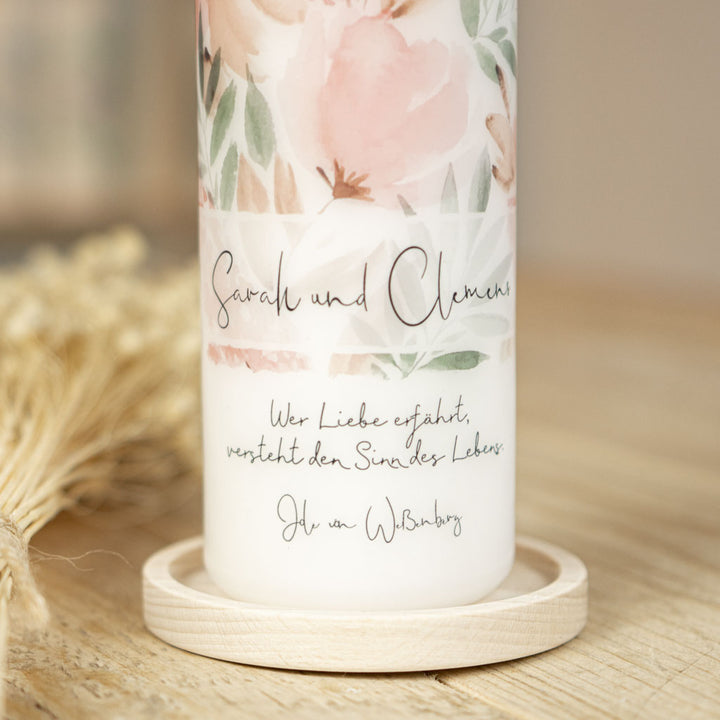Hochzeitskerze Pfingstrosen Vintage mit Trauspruch