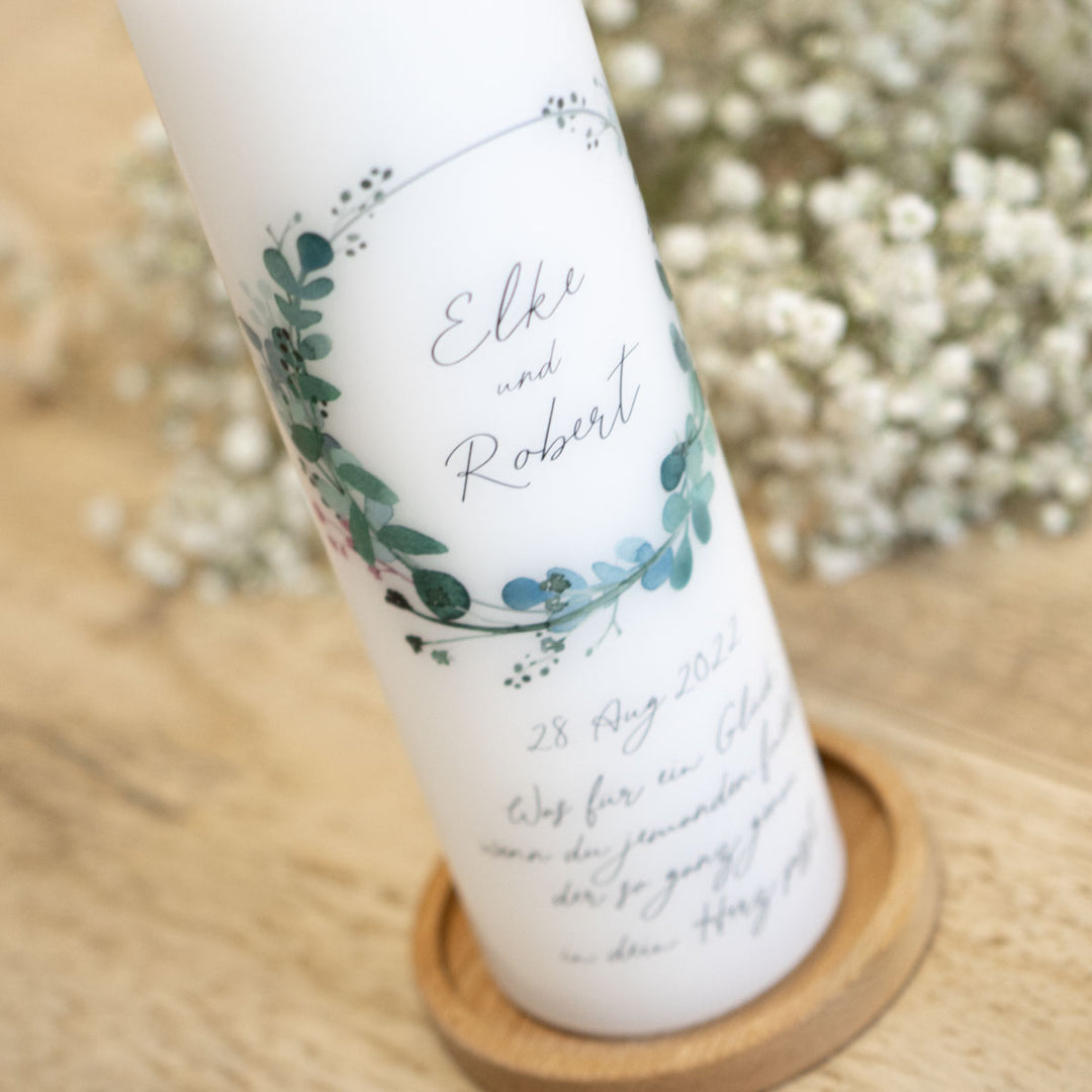 Hochzeitskerze Zweige auf Kerzenhalter Holz