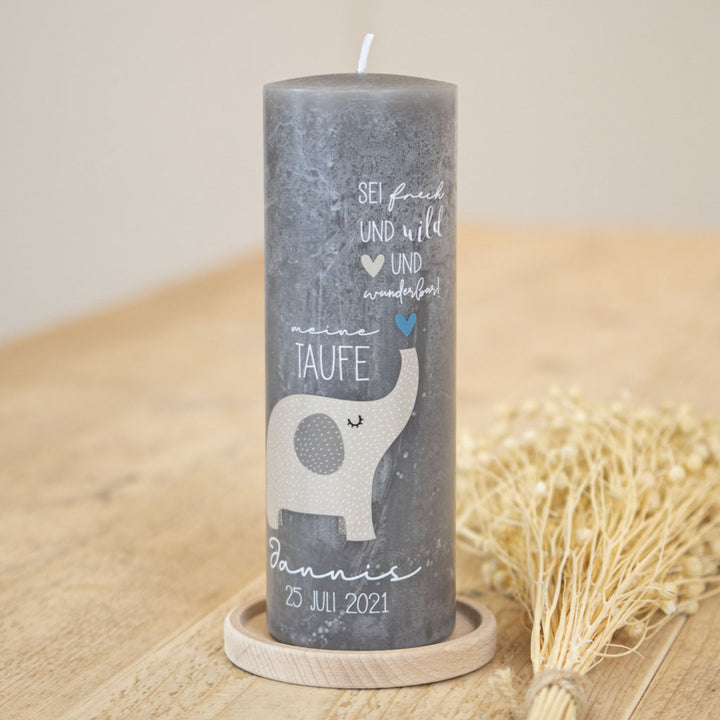 Taufkerze Elefant modern auf Rustic Beton grauer Kerze mit Name und Taufdatum