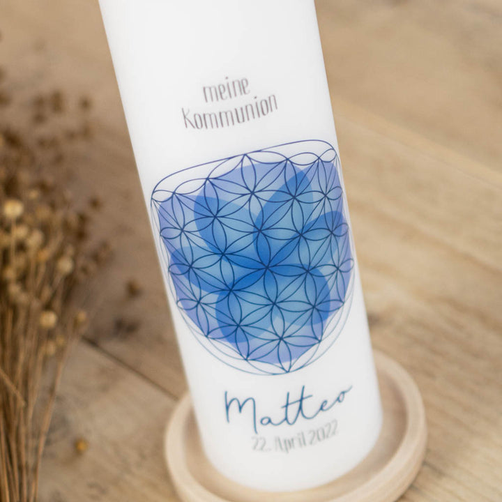 Kommunionkerze mit Schriftzug meine Kommunion und Blume des Lebens